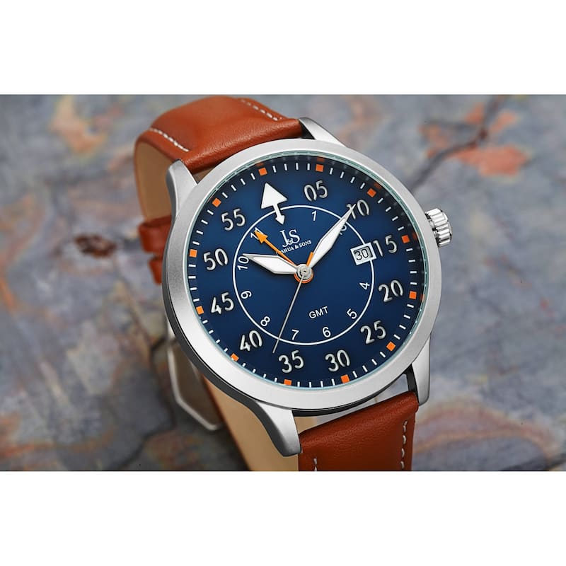 Joshua & Sons Men's Quartz GMT Genuine Leather Strap Watch