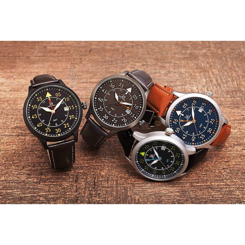 Joshua & Sons Men's Quartz GMT Genuine Leather Strap Watch