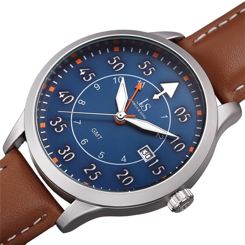 Joshua & Sons Men's Quartz GMT Genuine Leather Strap Watch - Tan/Blue