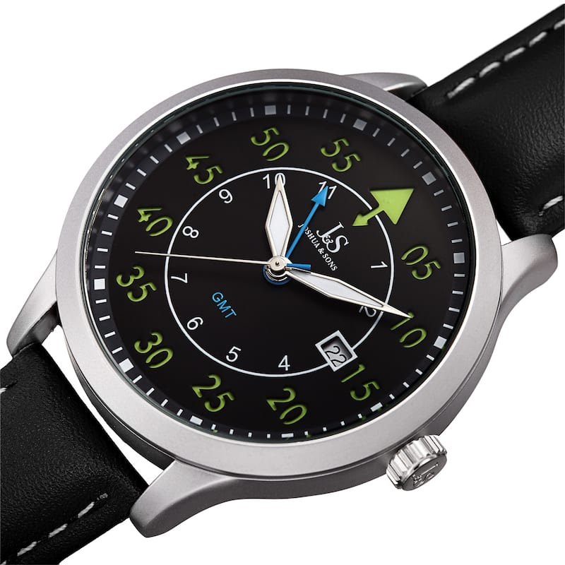 Joshua & Sons Men's Quartz GMT Genuine Leather Strap Watch - Silver/Black
