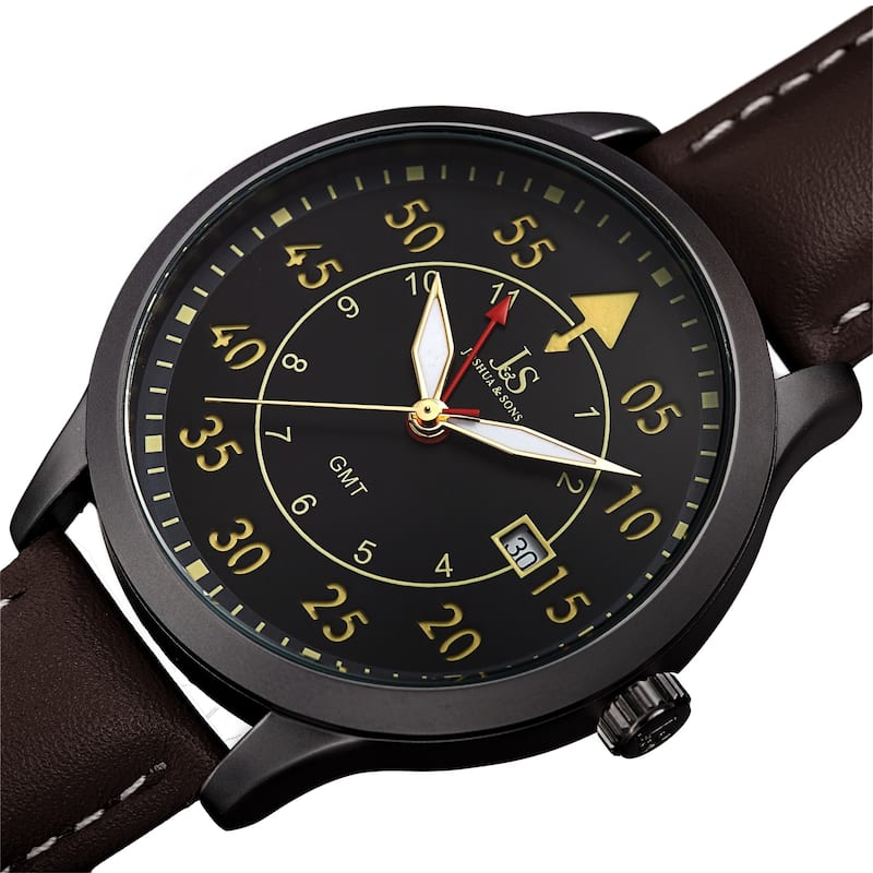 Joshua & Sons Men's Quartz GMT Genuine Leather Strap Watch - Black/Brown