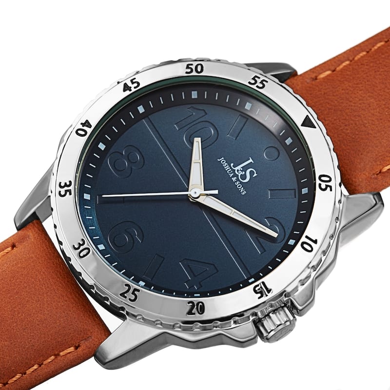 Joshua & Sons Men's Quartz Embossed Marker Genuine Leather Strap Watch - Blue/Tan