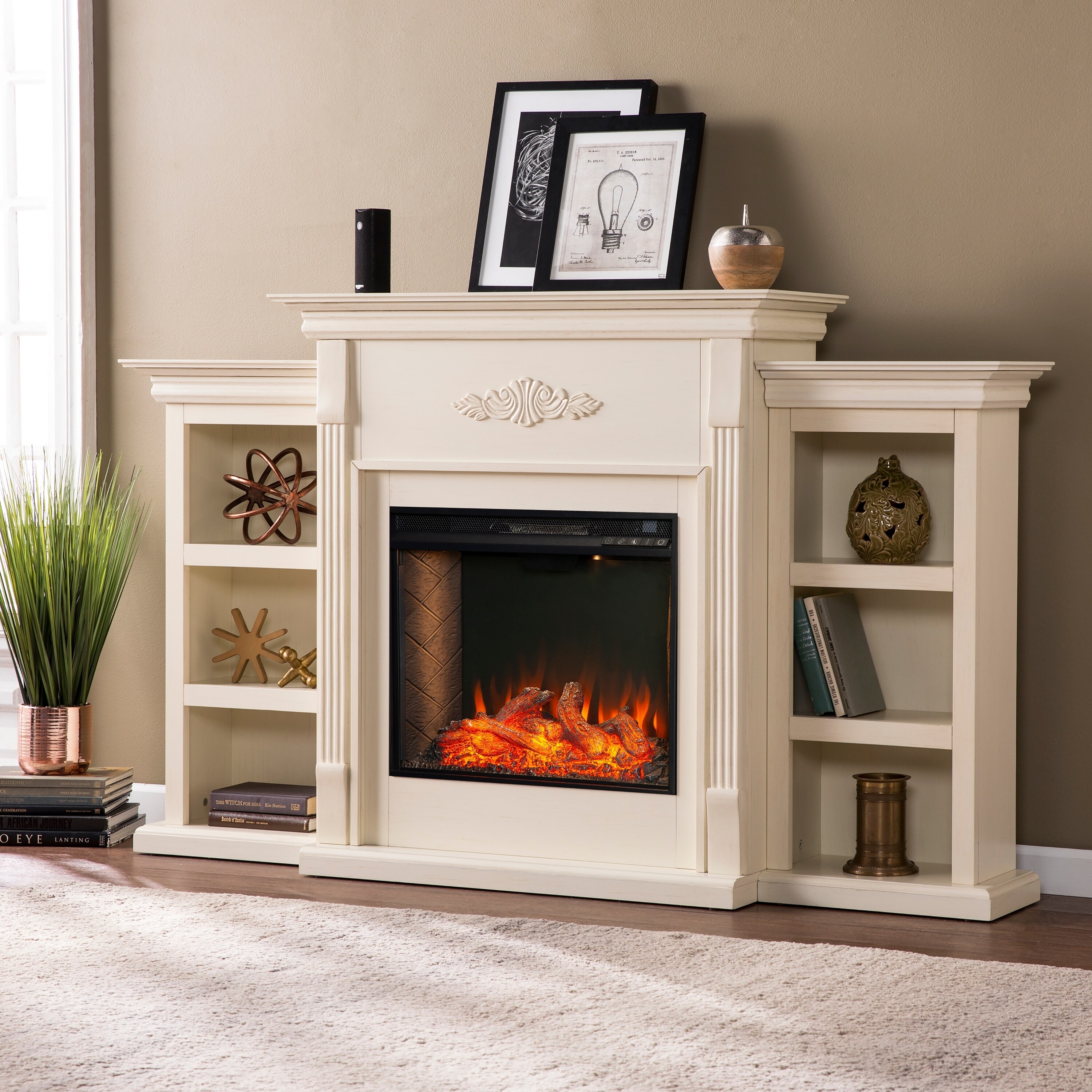 SEI Furniture Talini Brown 6-shelf Alexa-enabled Smart Fireplace