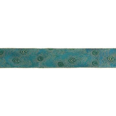 Green and Gold Peacock Feather Wired Craft Ribbon 2.5" x 16 Yards - N/A