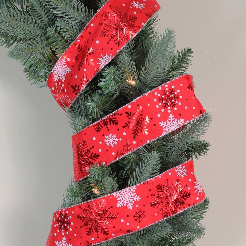 Metallic Red and White Snowflake Wired Craft Ribbon 2.5" x 16 Yards - N/A