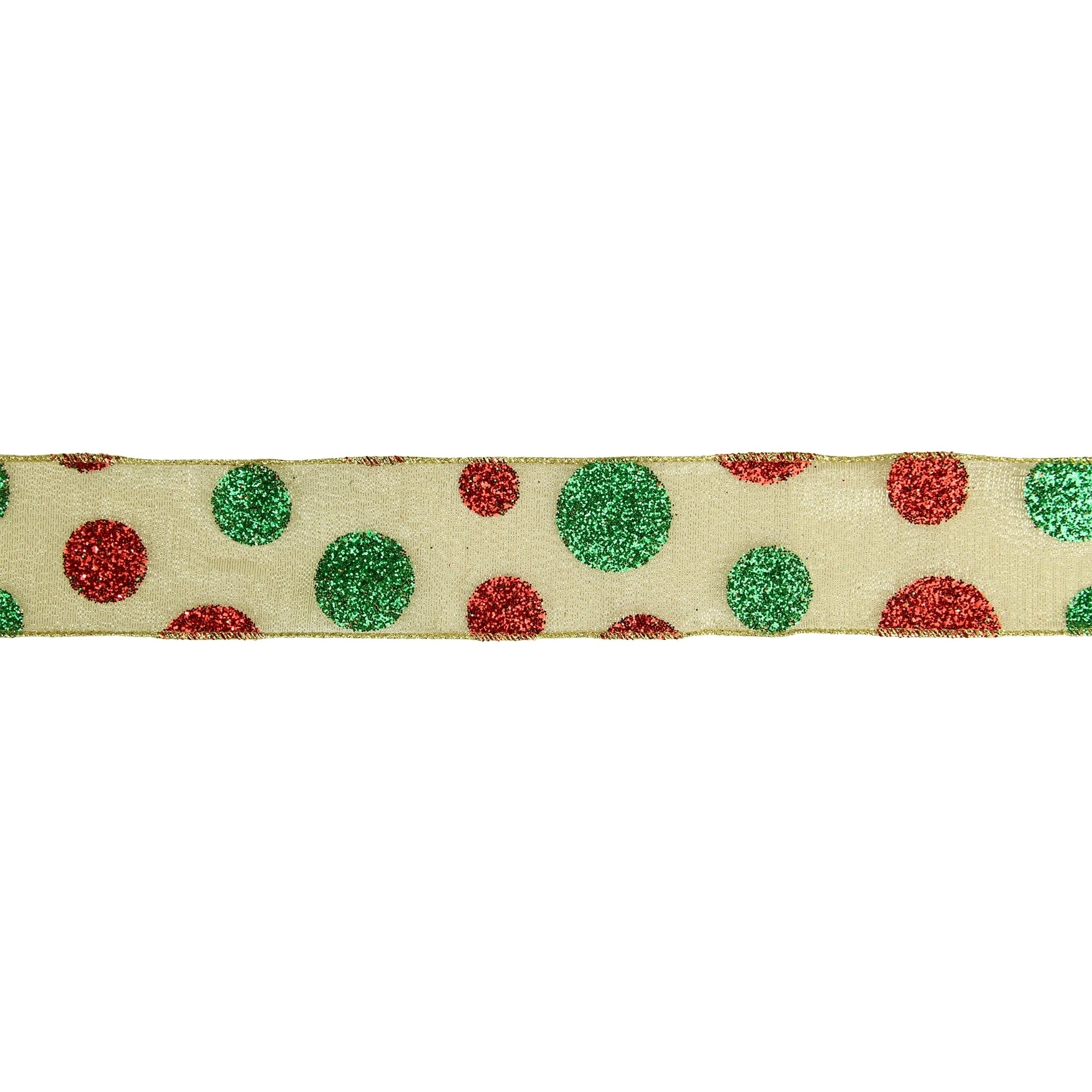 Red and Green Glitter Polka Dots on Metallic Gold Wired Ribbon 2.5