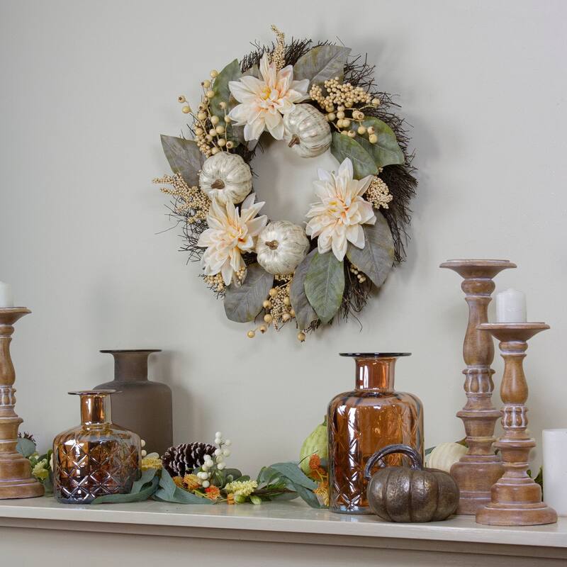 Autumn Harvest White Dahlia Berry and Pumpkin Grapevine Wreath - 22-Inch Unlit - N/A