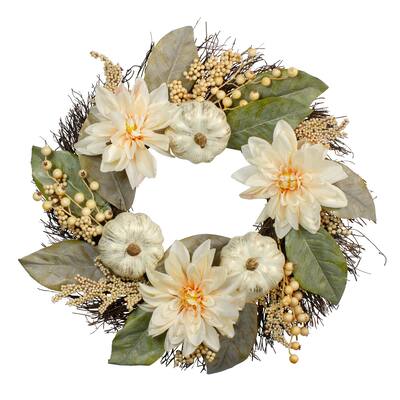 Autumn Harvest White Dahlia Berry and Pumpkin Grapevine Wreath - 22-Inch Unlit - N/A