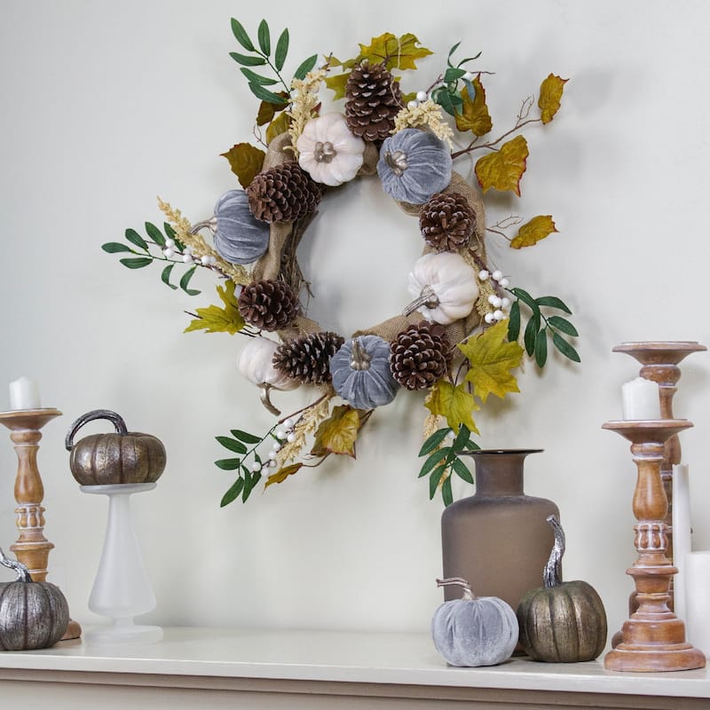 Gray and Cream Fall Harvest Wreath with Velvet Pumpkins - 24 inch Unlit - N/A