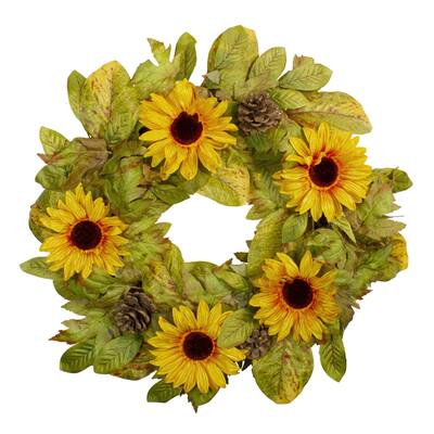 Yellow Sunflower and Pine Cone Artificial Fall Harvest Wreath - 24 inch Unlit - N/A