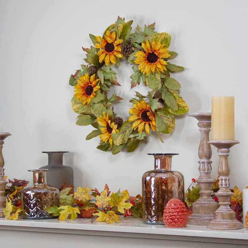 Yellow Sunflower and Pine Cone Artificial Fall Harvest Wreath - 24 inch Unlit - N/A
