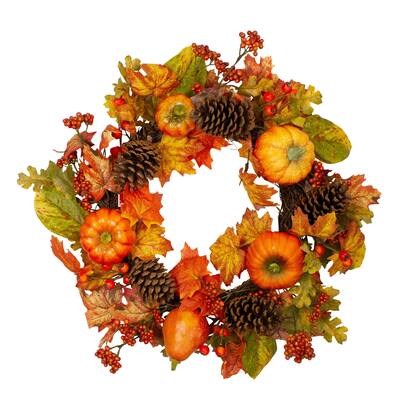 Pumpkins Pine Cones and Berries Fall Harvest Wreath - 24 inch Unlit - N/A
