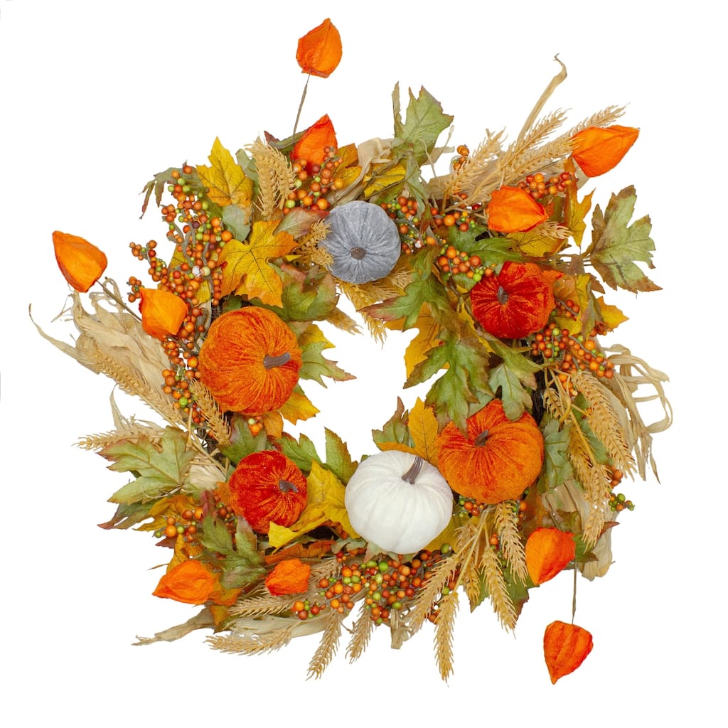 Velvet Pumpkins and Wheat Artificial Fall Harvest Wreath - 24 inch Unlit - N/A
