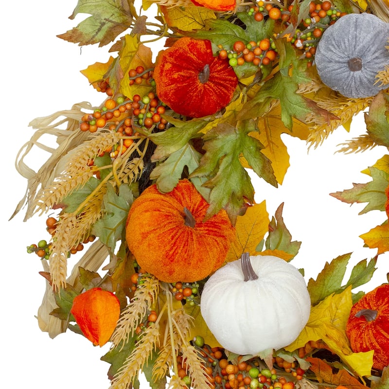 Velvet Pumpkins and Wheat Artificial Fall Harvest Wreath - 24 inch Unlit - N/A