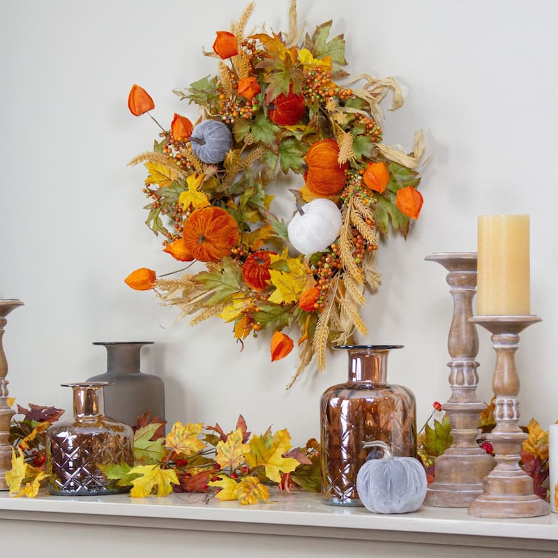 Velvet Pumpkins and Wheat Artificial Fall Harvest Wreath - 24 inch Unlit - N/A