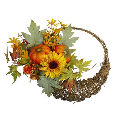 Pumpkin and Sunflower Fall Harvest Artificial Cornucopia Wreath - 20 inch Unlit - N/A