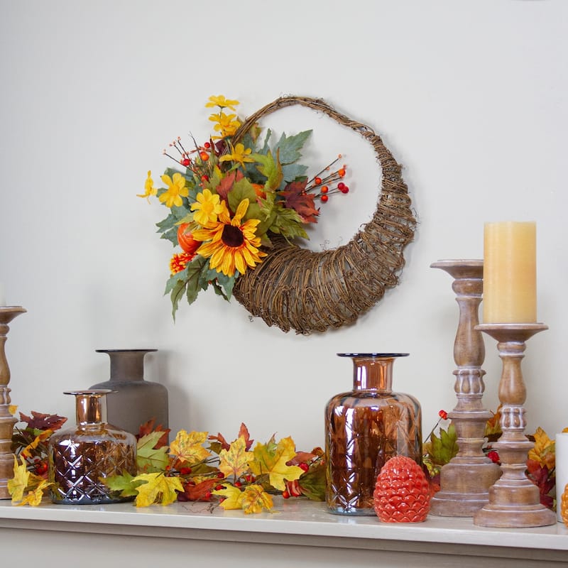 Pumpkin and Sunflower Fall Harvest Artificial Cornucopia Wreath - 20 inch Unlit - N/A