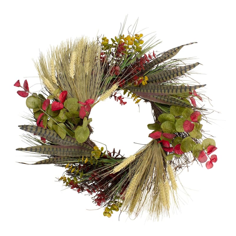 Wheat with Green Eucalyptus and Striped Feathers Spiral Vine Wreath - 22" Unlit - N/A