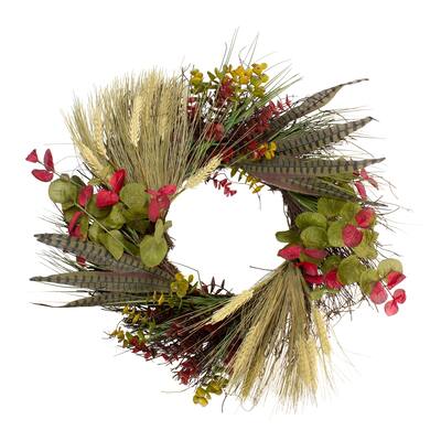 Wheat with Green Eucalyptus and Striped Feathers Spiral Vine Wreath - 22" Unlit - N/A