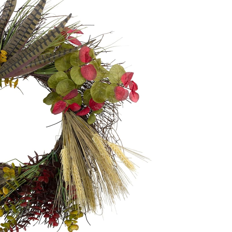 Wheat with Green Eucalyptus and Striped Feathers Spiral Vine Wreath - 22" Unlit - N/A