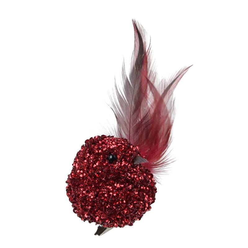 6" Red Sequined Bird with Feather Tail Christmas Ornament with Clip.