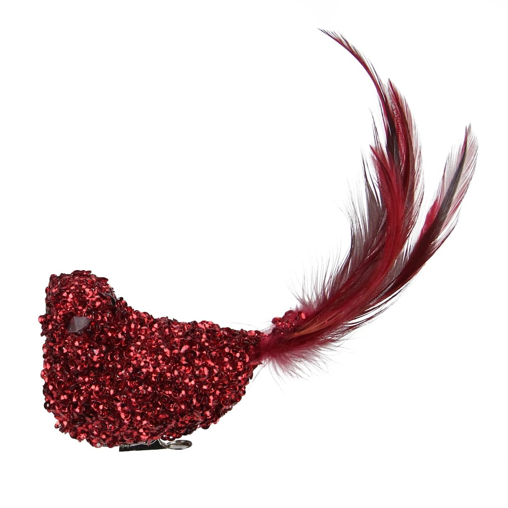 6" Red Sequined Bird with Feather Tail Christmas Ornament with Clip.