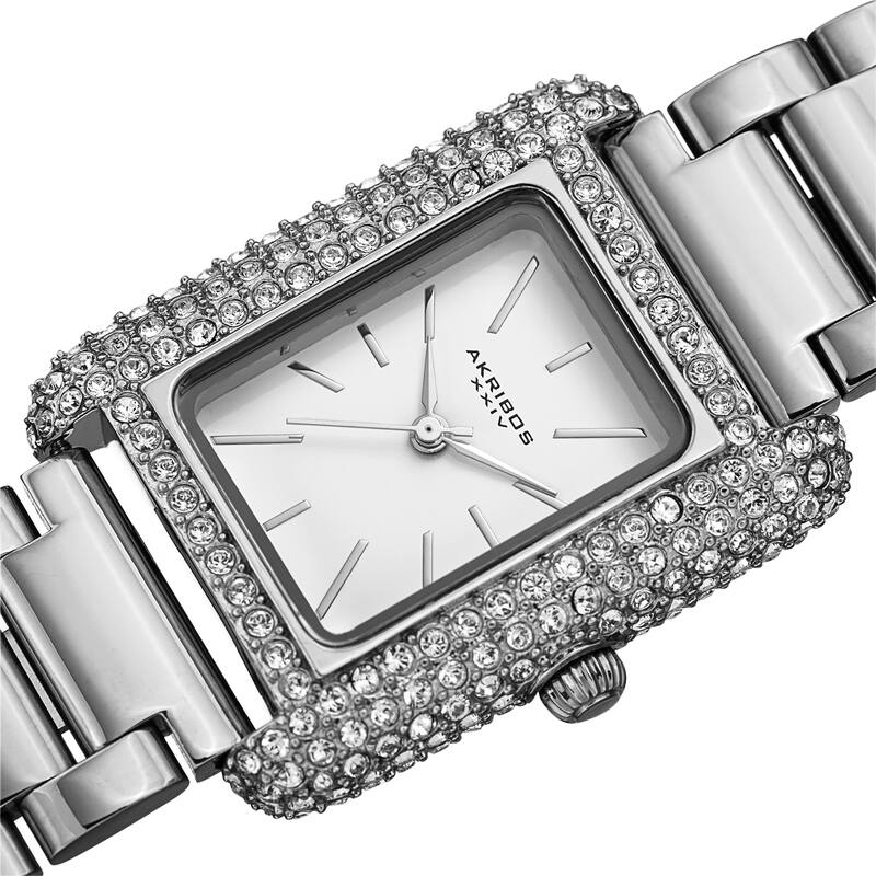 Akribos XXIV Women's Quartz Rectangle Swarovski Crystal Stainless Steel Link Bracelet Watch - Silver