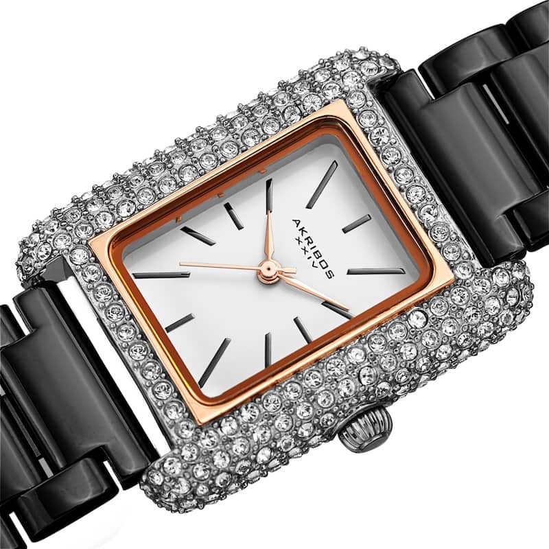Akribos XXIV Women's Quartz Rectangle Swarovski Crystal Stainless Steel Link Bracelet Watch - Black/Rose