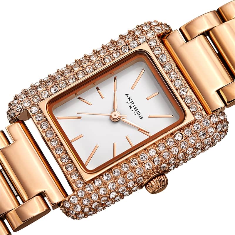 Akribos XXIV Women's Quartz Rectangle Swarovski Crystal Stainless Steel Link Bracelet Watch