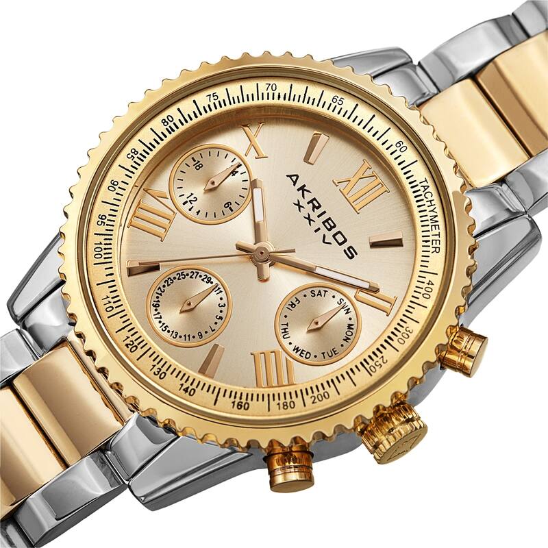 Akribos XXIV Women's Quartz Day of Week Calendar Stainless Steel Link Watch - Two Tone Gold