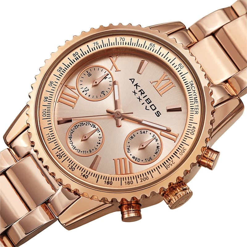 Akribos XXIV Women's Quartz Day of Week Calendar Stainless Steel Link Watch - Rose Gold