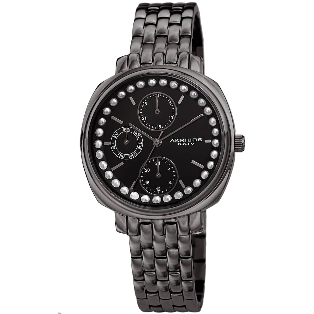 Akribos XXIV Women's Quartz Faux Pearl Day of Week Calendar Stainless Steel Link Bracelet Watch