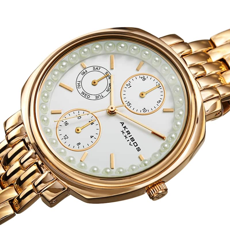 Akribos XXIV Women's Quartz Faux Pearl Day of Week Calendar Stainless Steel Link Bracelet Watch