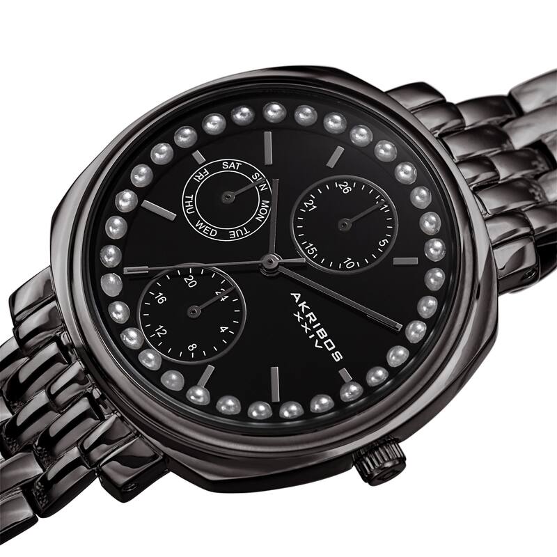 Akribos XXIV Women's Quartz Faux Pearl Day of Week Calendar Stainless Steel Link Bracelet Watch - Gunmetal