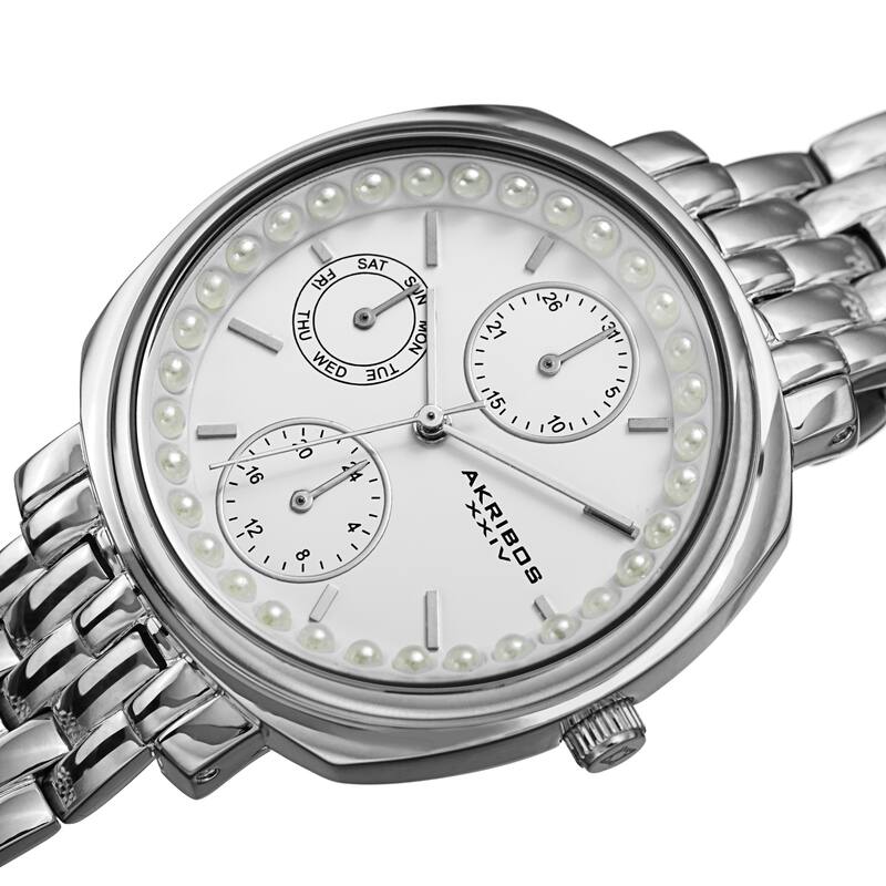 Akribos XXIV Women's Quartz Faux Pearl Day of Week Calendar Stainless Steel Link Bracelet Watch