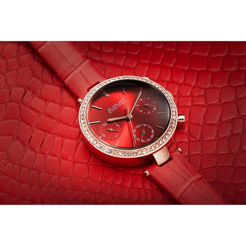 August Steiner Women's Quartz Day Week Month Crocodile Embossed Leather Strap Watch