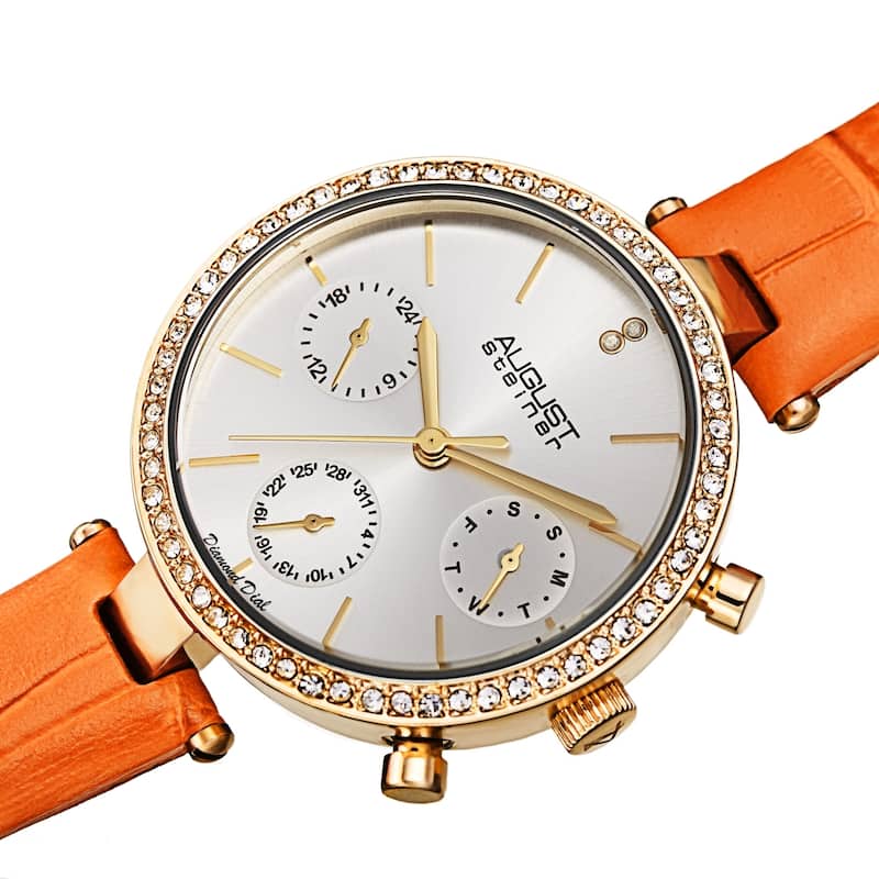 August Steiner Women's Quartz Day Week Month Crocodile Embossed Leather Strap Watch - Orange