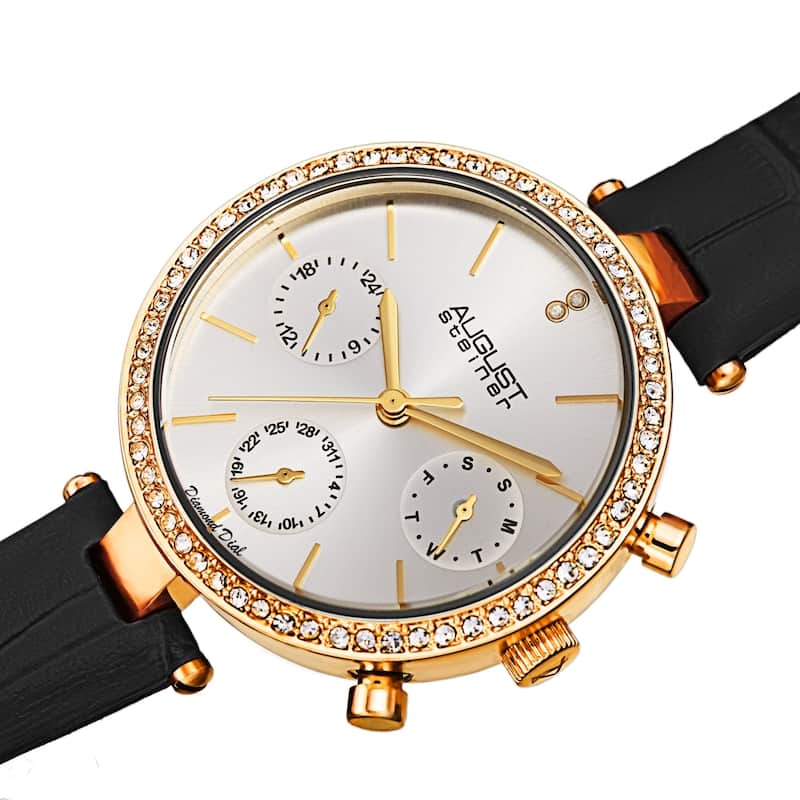 August Steiner Women's Quartz Day Week Month Crocodile Embossed Leather Strap Watch - Black