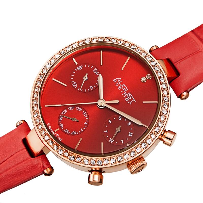 August Steiner Women's Quartz Day Week Month Crocodile Embossed Leather Strap Watch - Red