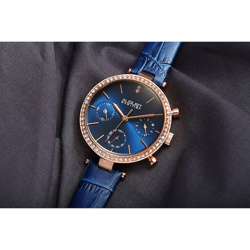 August Steiner Women's Quartz Day Week Month Crocodile Embossed Leather Strap Watch