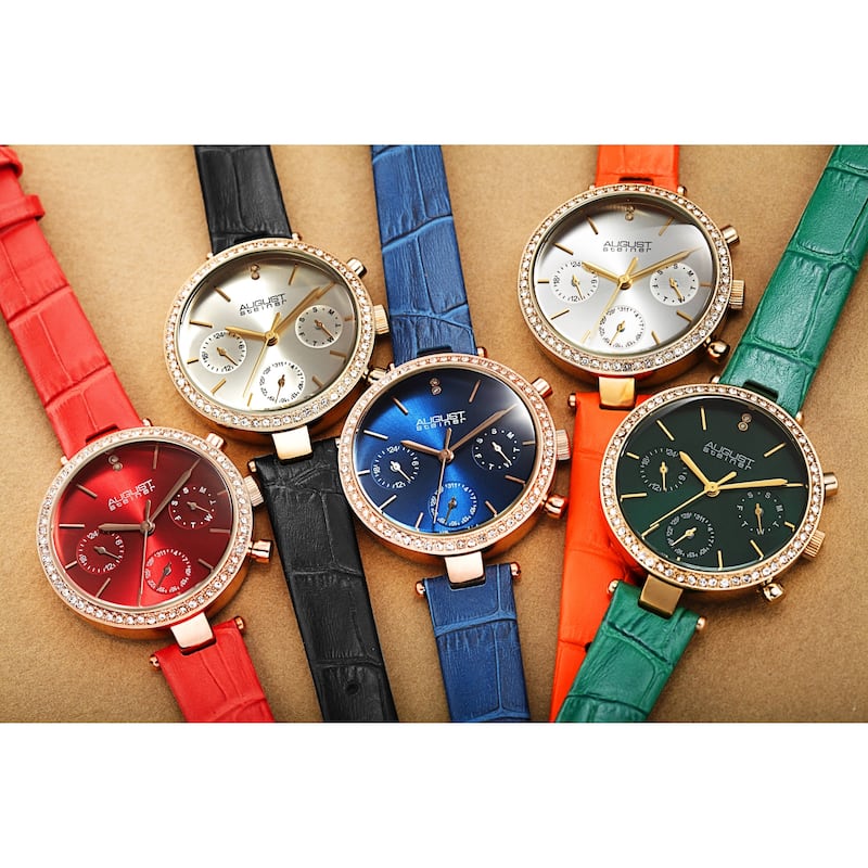 August Steiner Women's Quartz Day Week Month Crocodile Embossed Leather Strap Watch