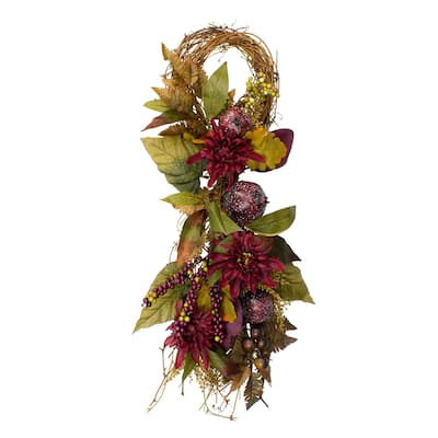 28" Mum Flowers with Pomegranates Autumn Teardrop Swag