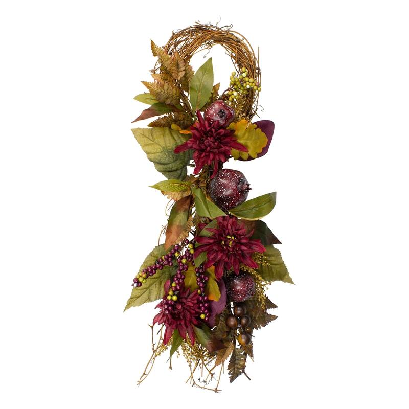 28" Mum Flowers with Pomegranates Autumn Teardrop Swag
