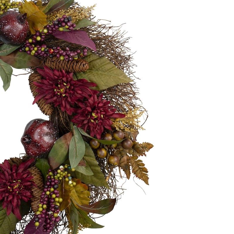 Burgundy Mums and Pomegranate Spiral Vine Wreath - 28" Unlit