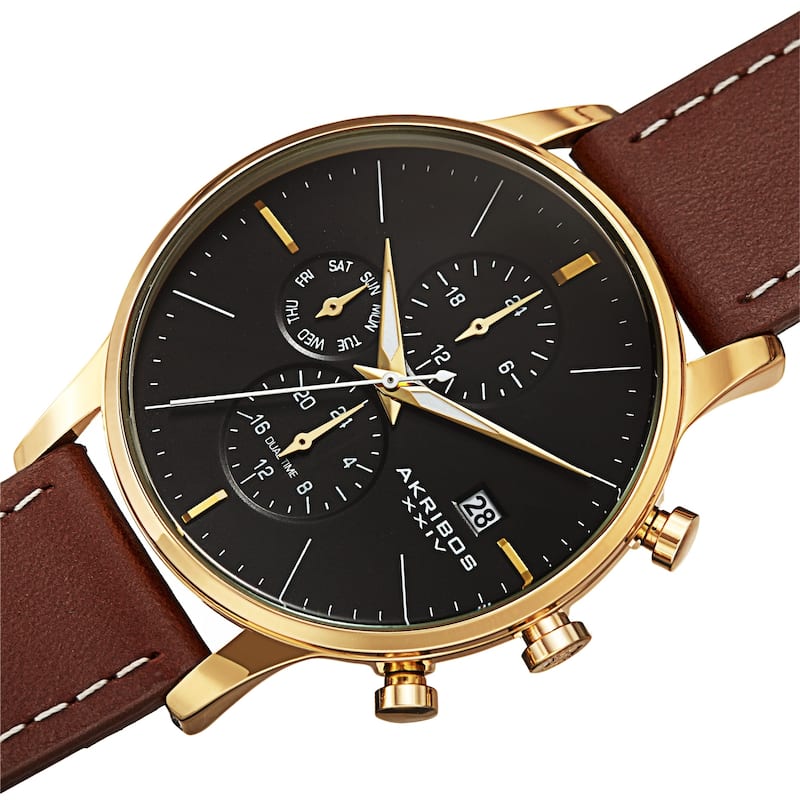 Akribos XXIV Men's Quartz Day Month 24 hour Interchangeable Leather Strap Watch