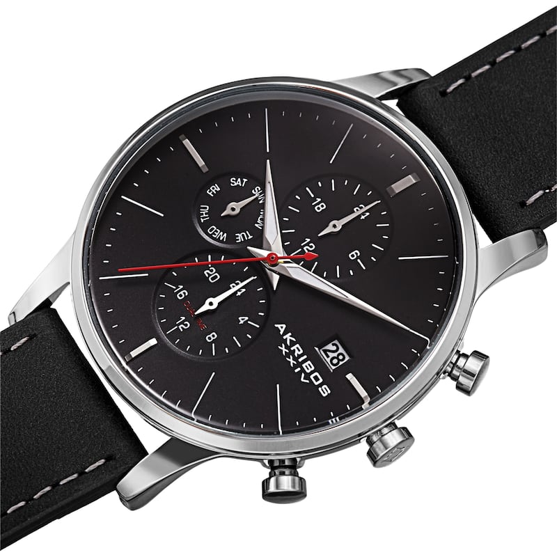 Akribos XXIV Men's Quartz Day Month 24 hour Interchangeable Leather Strap Watch - Silver/Black