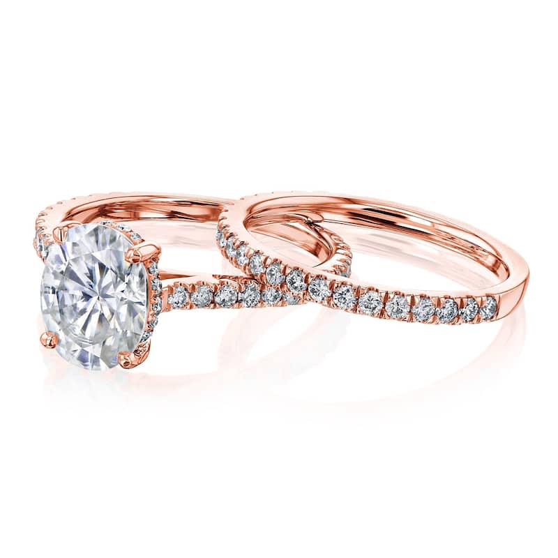 Annello by Kobelli 14k Gold 2.1ct Oval Forever One Moissanite and 4/5ct Diamond Drop Halo Comfort Fit Bridal Rings Set