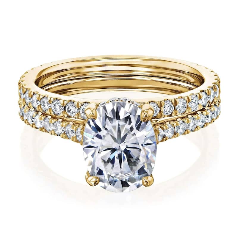Annello by Kobelli 14k Gold 2.1ct Oval Forever One Moissanite and 4/5ct Diamond Drop Halo Comfort Fit Bridal Rings Set - 5 - Yellow