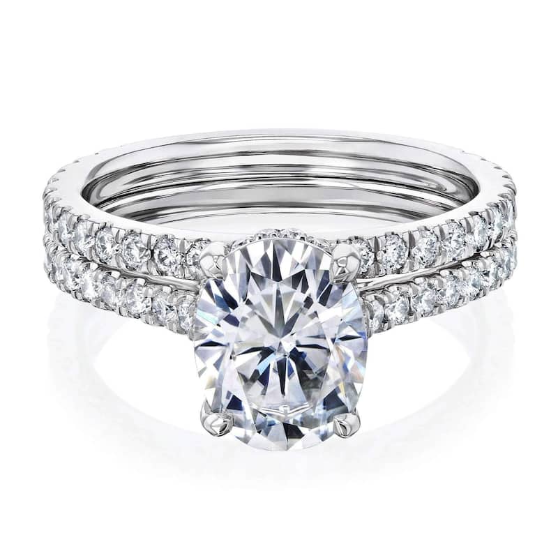 Annello by Kobelli 14k Gold 2.1ct Oval Forever One Moissanite and 4/5ct Diamond Drop Halo Comfort Fit Bridal Rings Set - 5.5 - White