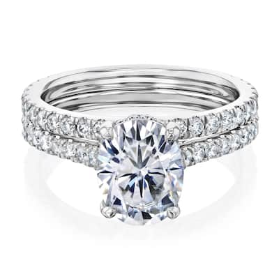 Annello by Kobelli 14k Gold 2.1ct Oval Forever One Moissanite and 4/5ct Diamond Drop Halo Comfort Fit Bridal Rings Set